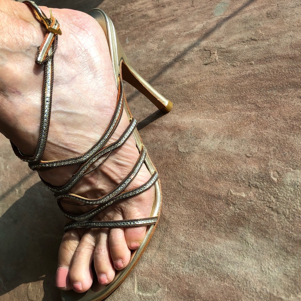 StuartWeitzman Gold Rhinestone Strap Heel